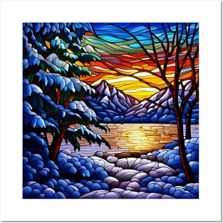 Stained Glass Snowy Winter Scene Posters and Art